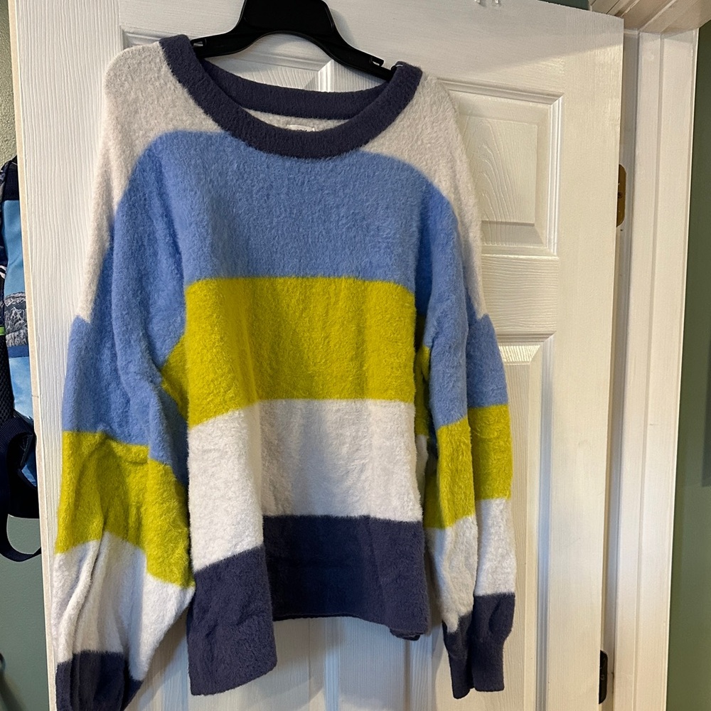 Aerie Cozy Striped Women's Pullover Sweater in Blue, White & Green